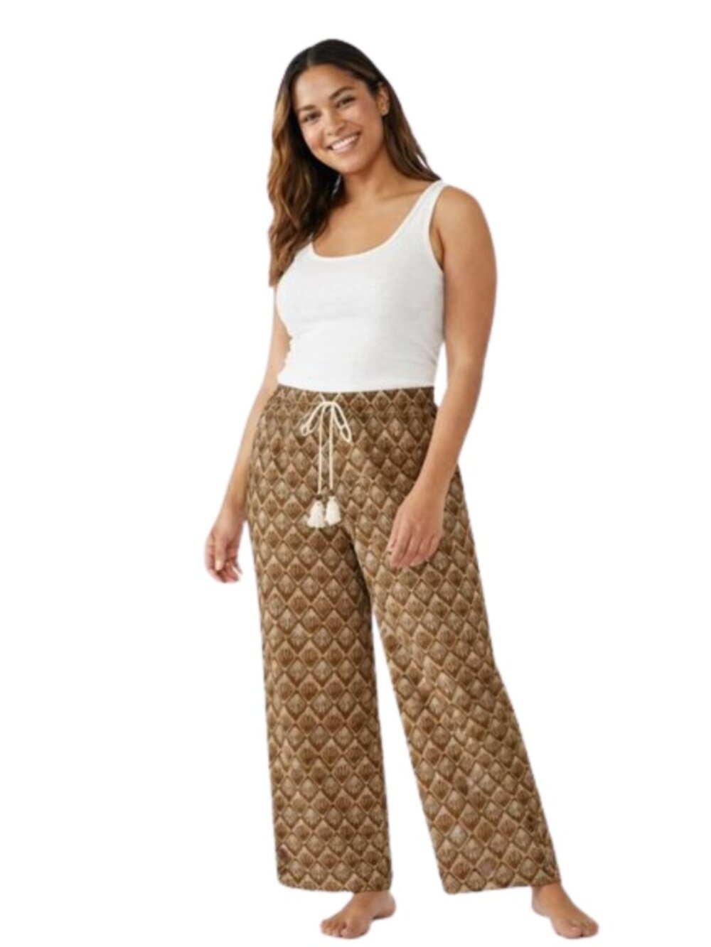 C&C California Linen Pants Large Rust Geometric Wide Leg Tassel Drawstring Boho